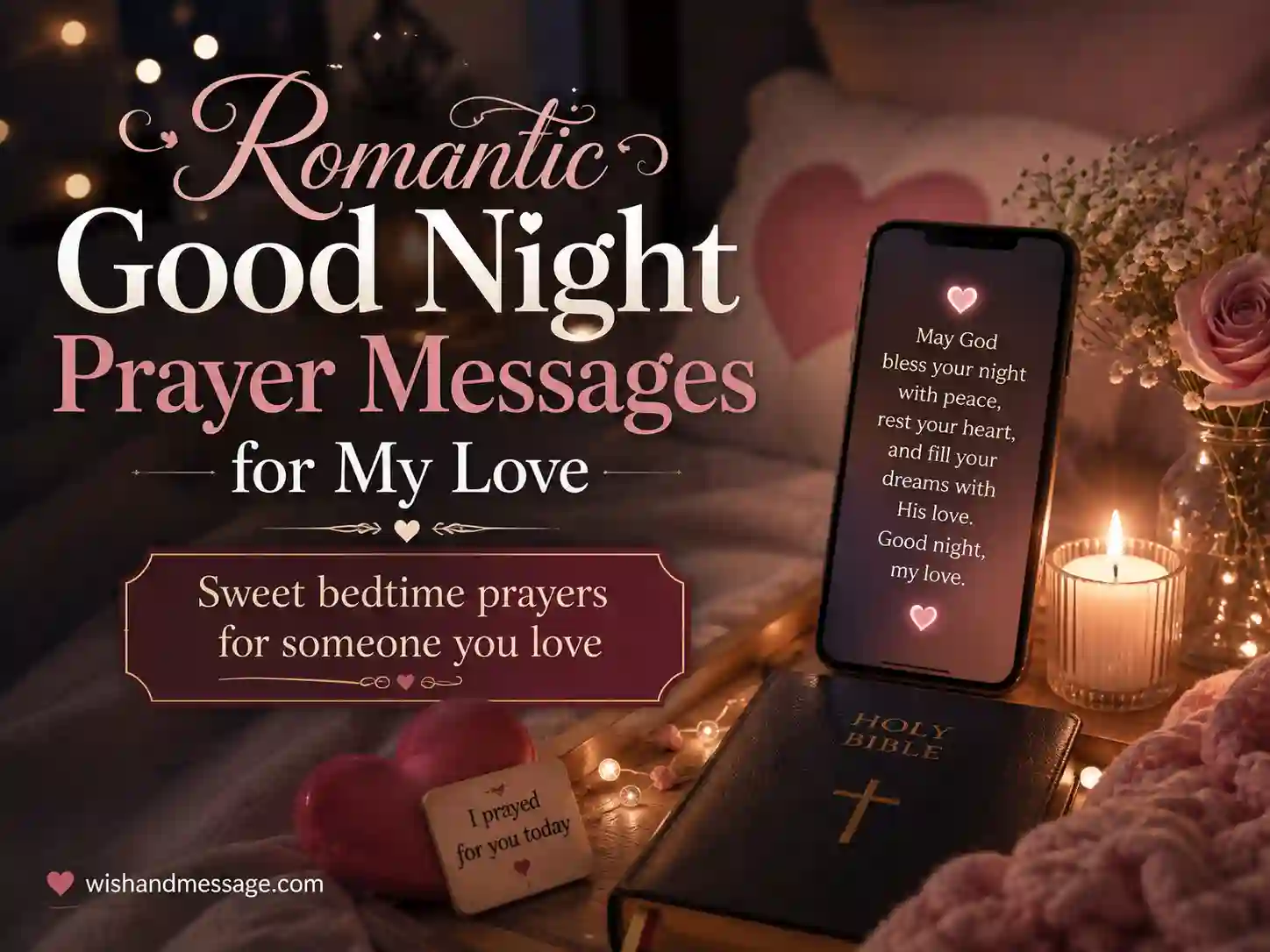 Romantic good night prayer messages image with a warm nighttime setting and loving spiritual tone