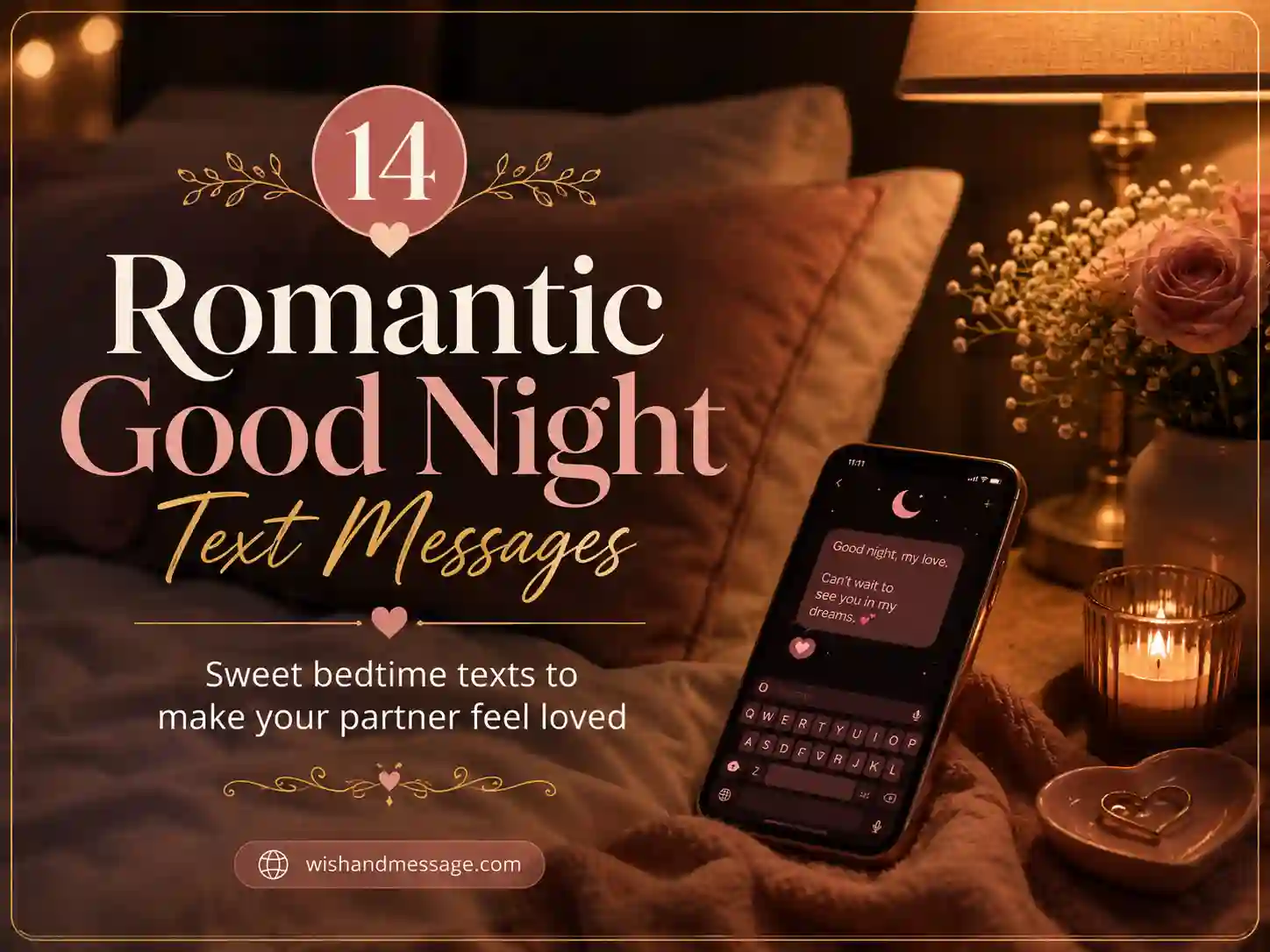 Romantic good night text messages theme with cozy nighttime phone texting scene