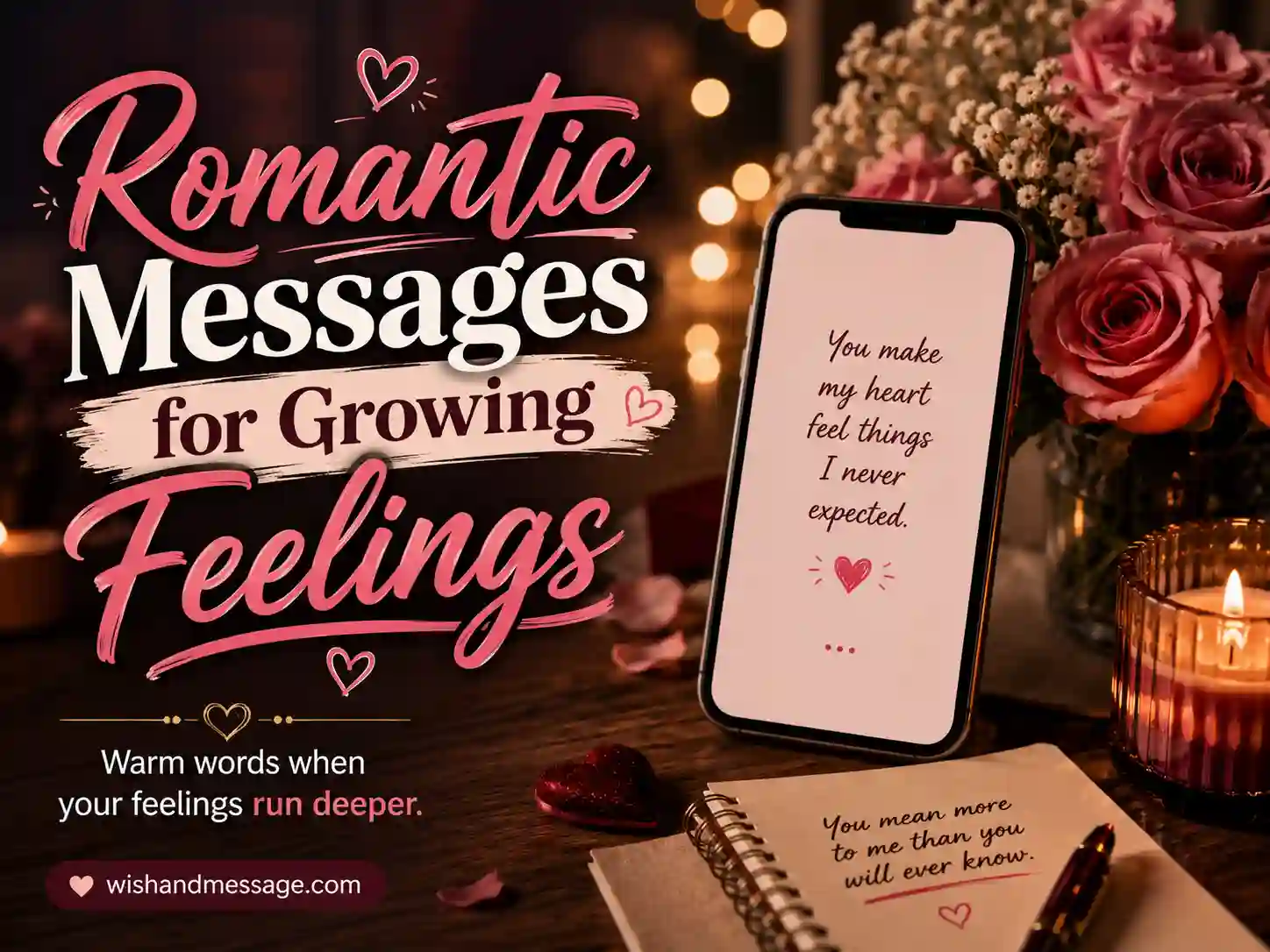 Warm romantic smartphone scene with flowers and soft lighting for deeper crush messages