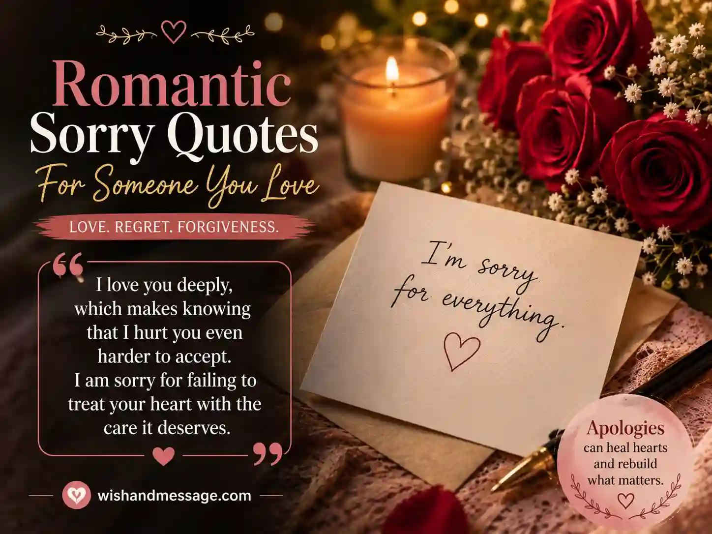 Romantic apology note with flowers and warm light representing sorry quotes for someone you love