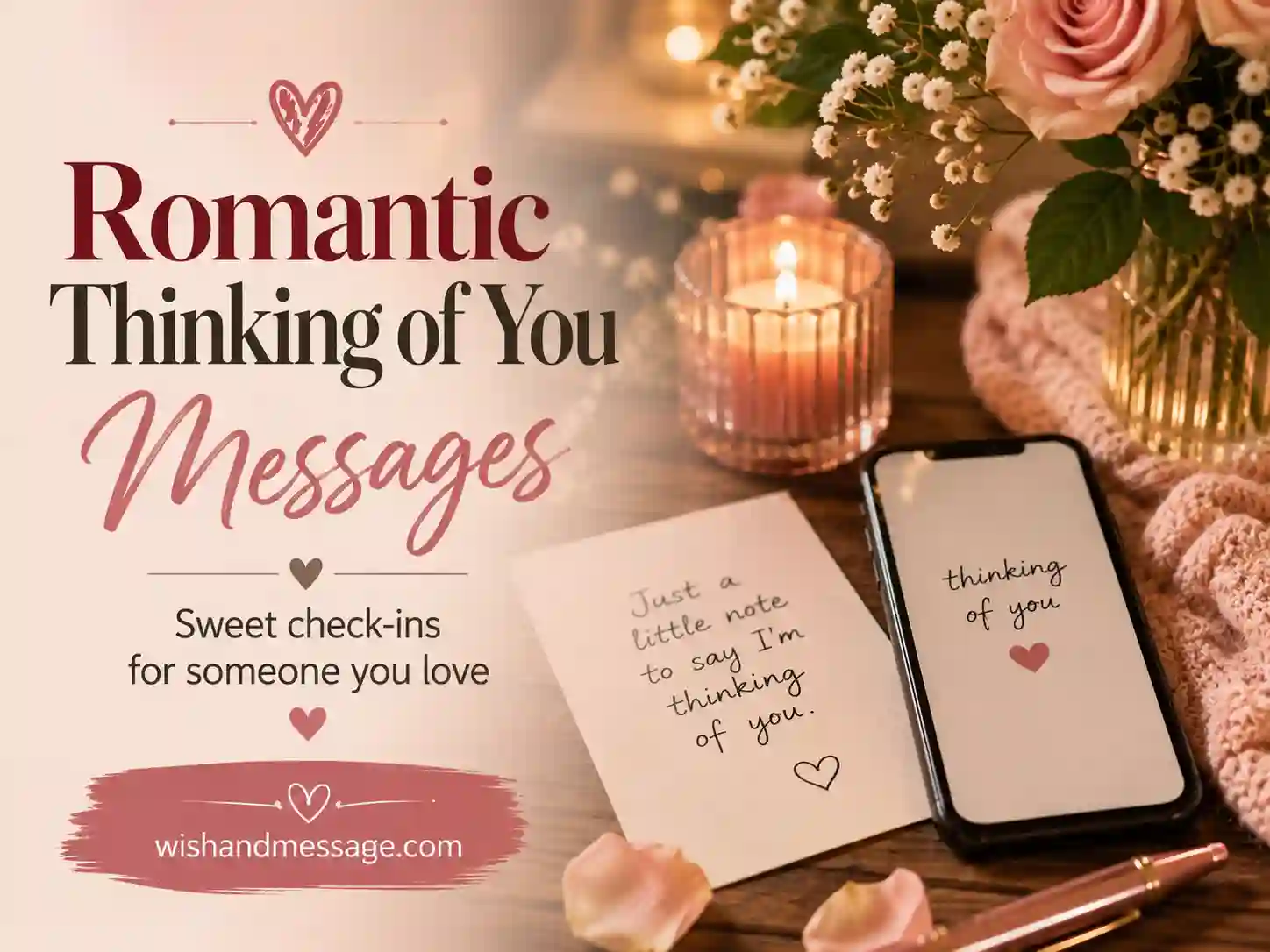 Romantic note and phone arranged for sending a thinking of you message