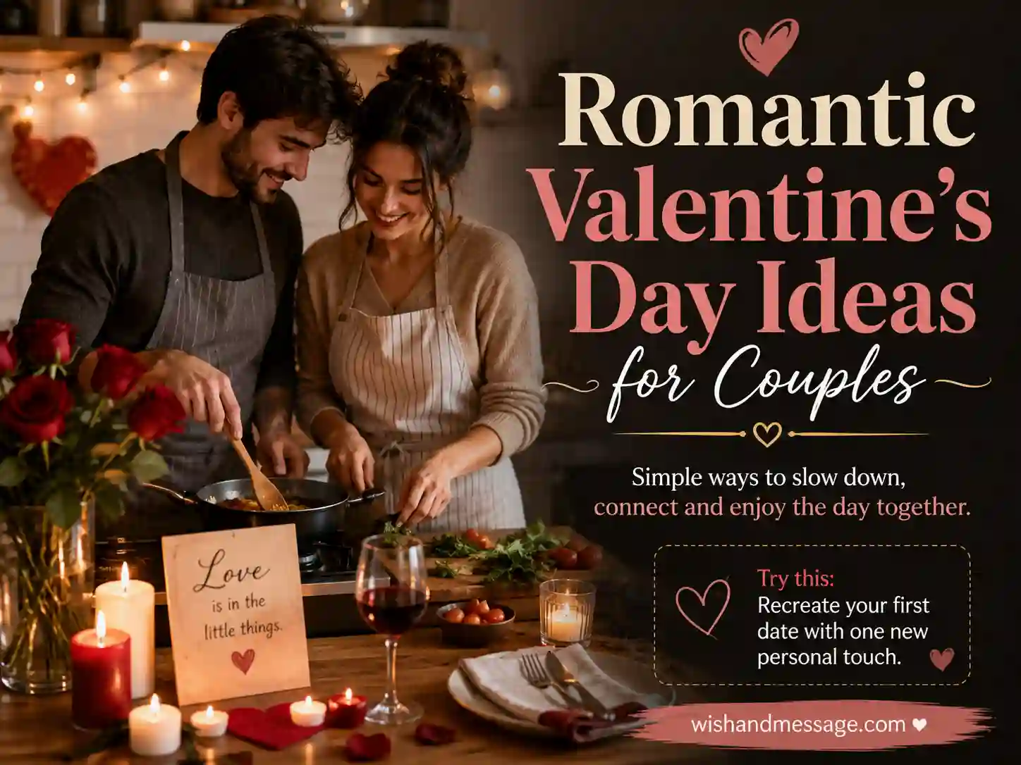 Couple preparing a romantic Valentine’s Day dinner together at home