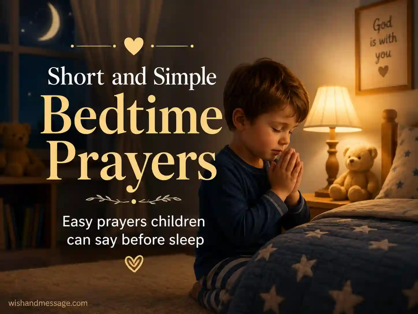 Child saying a simple bedtime prayer beside the bed with a calm nighttime atmosphere