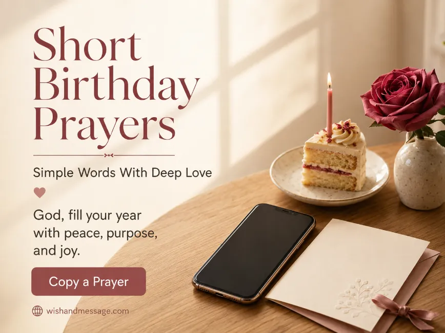 Smartphone displaying a short birthday prayer beside a cream card, small cake, candle, and rose on a warm desk.