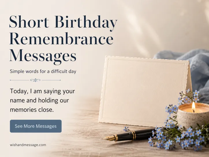 Remembrance card, candle, pen, and blue flowers beside short birthday memorial wording
