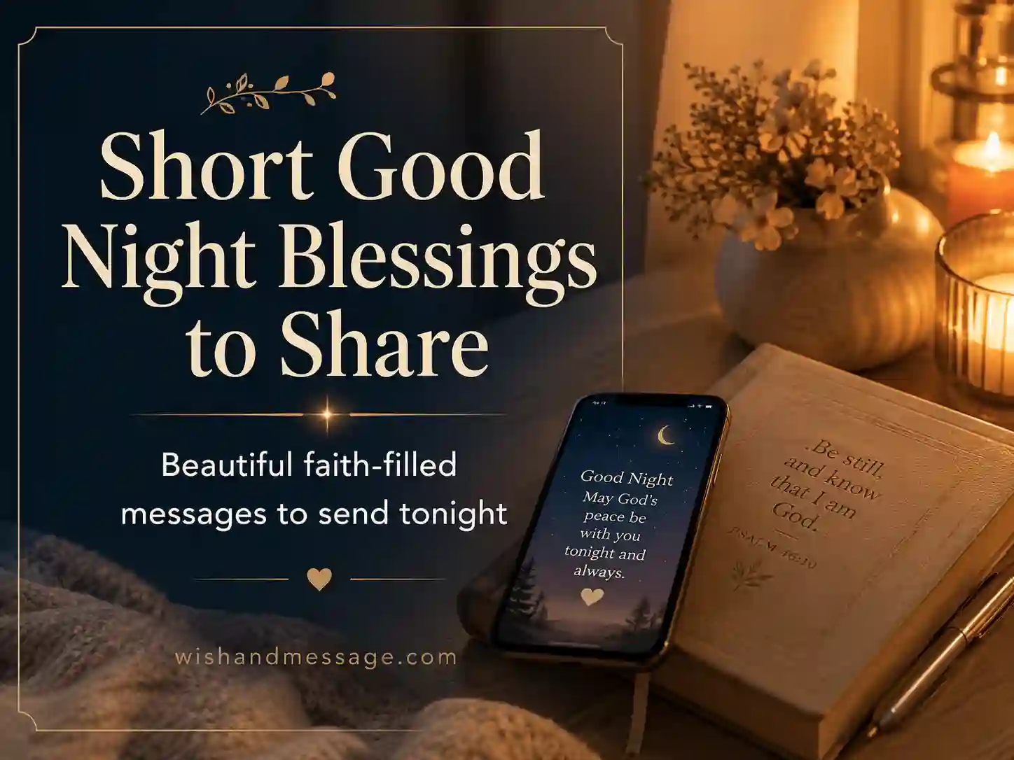 Shareable faith-based nighttime blessings image with phone and Bible for short good night blessings to share