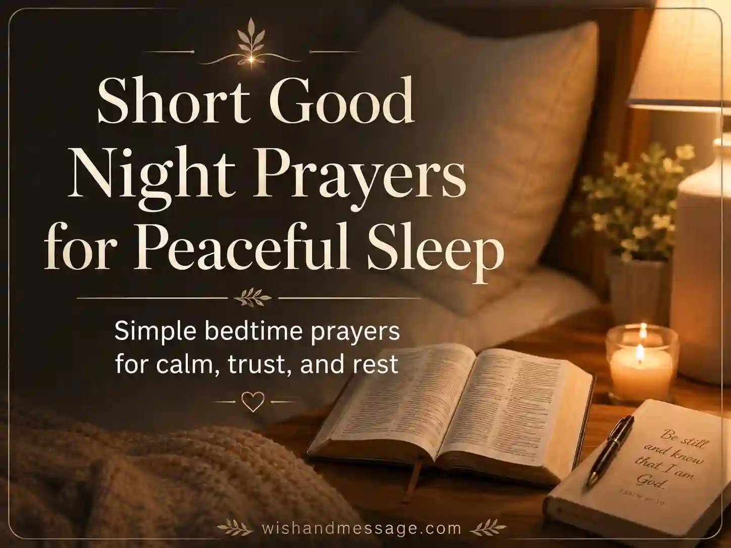 Peaceful bedside prayer scene with Bible and soft light for short good night prayers for peaceful sleep