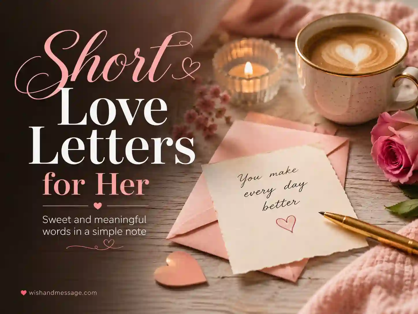 Short handwritten love note with envelope and coffee in a cozy romantic setting