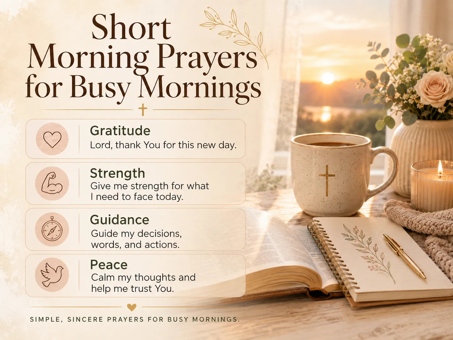 Quick morning prayer graphic with short prayers for gratitude strength guidance and peace