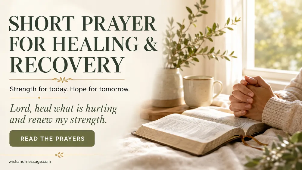 Folded hands beside an open Bible for a short prayer for healing and recovery.