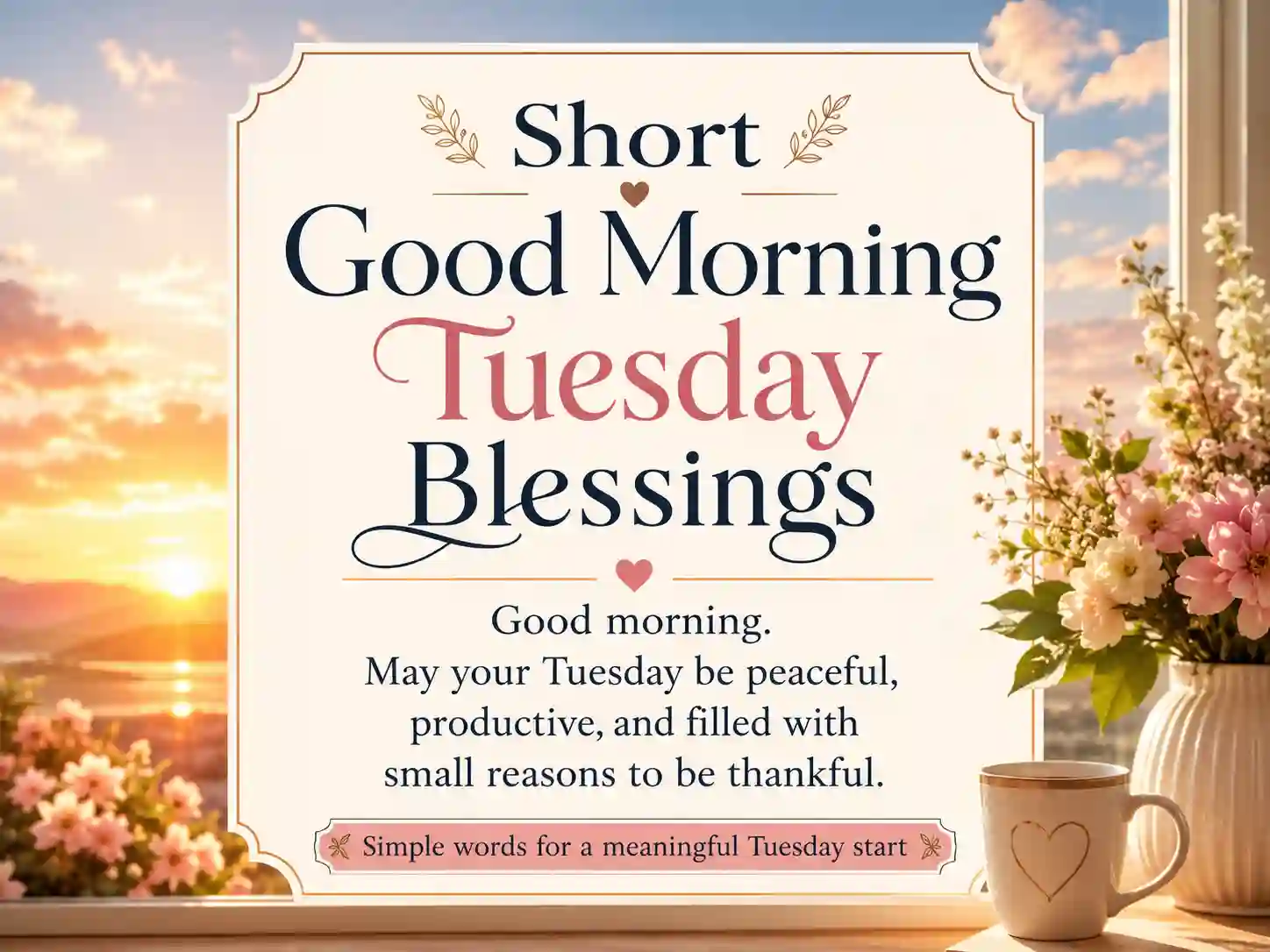 Short Tuesday morning blessing displayed over a peaceful sunrise