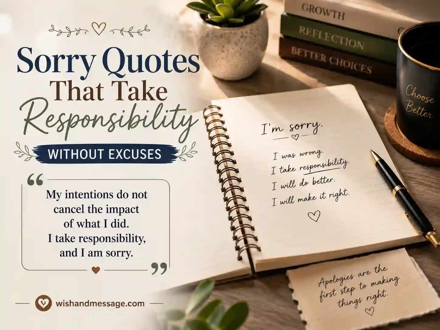 Open notebook and apology letter with pen showing accountability and responsibility in an apology