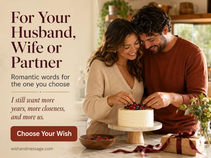 Couple decorating a birthday cake together with a romantic partner wish overlay