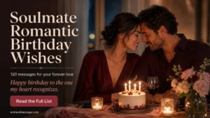 Couple sharing an intimate birthday moment beside a candlelit cake with romantic birthday message overlay