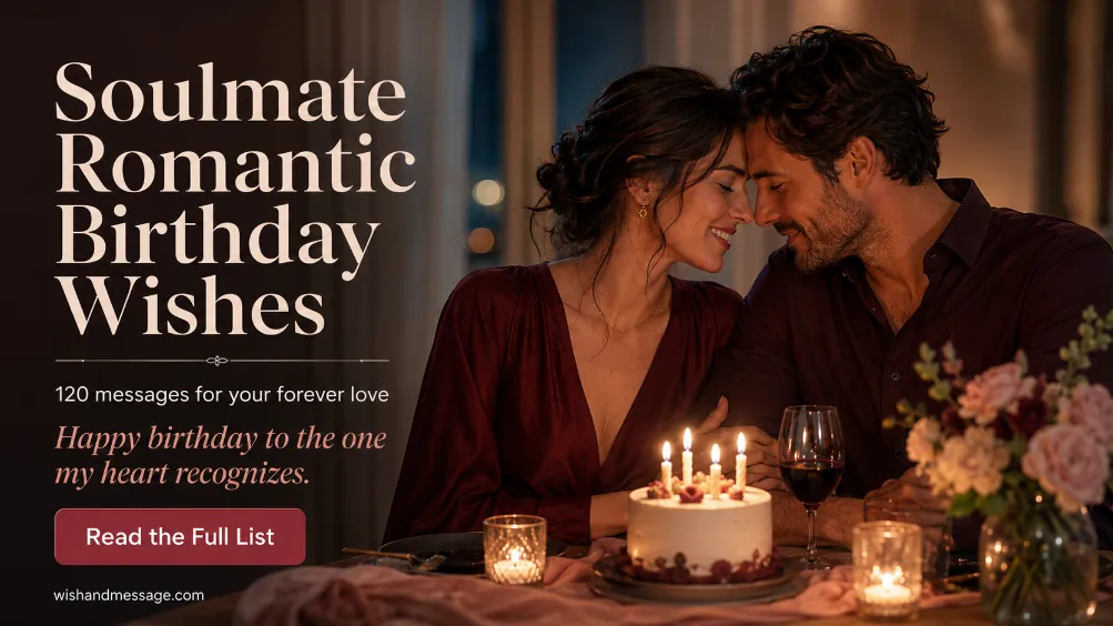 Couple sharing an intimate birthday moment beside a candlelit cake with romantic birthday message overlay