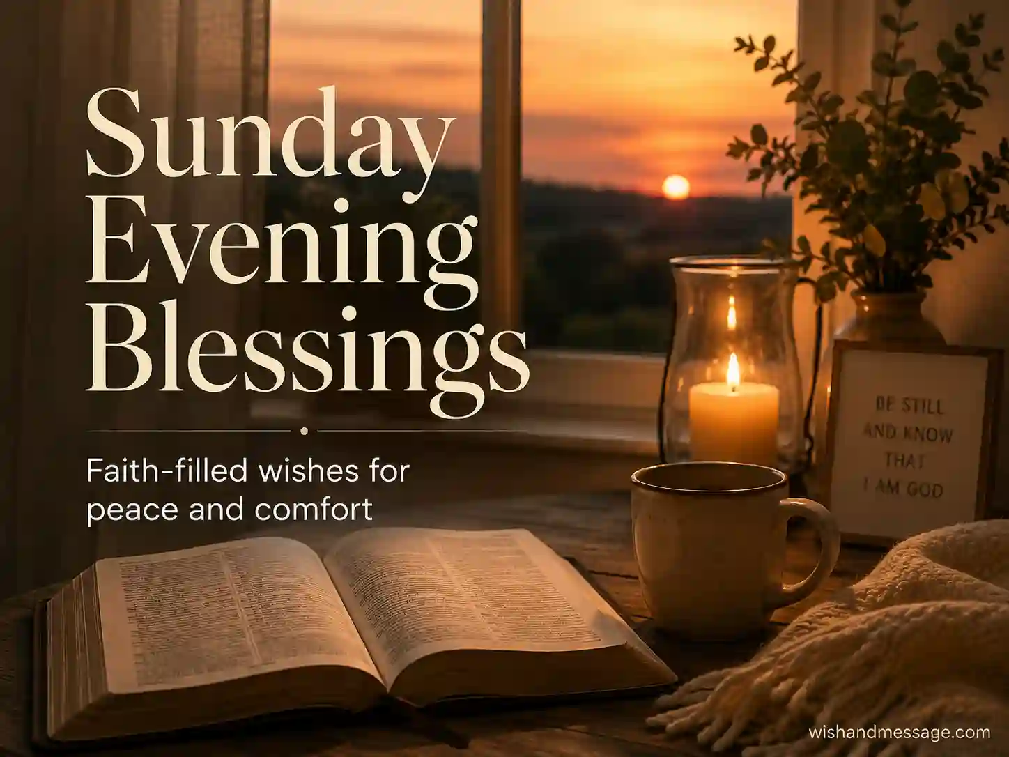 Open Bible in a peaceful Sunday evening prayer setting with warm light