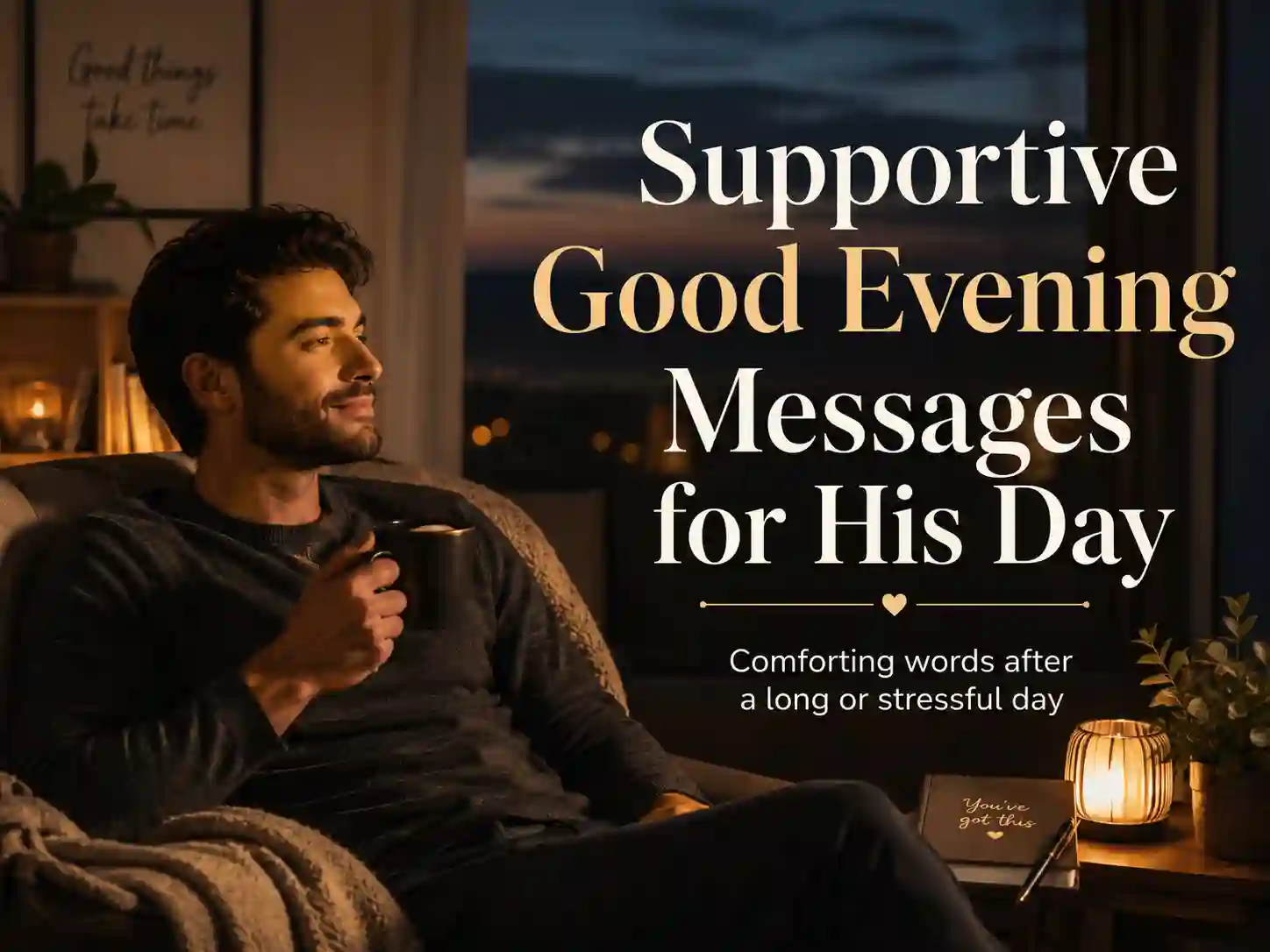 Calm supportive evening image for messages to comfort him after a long day