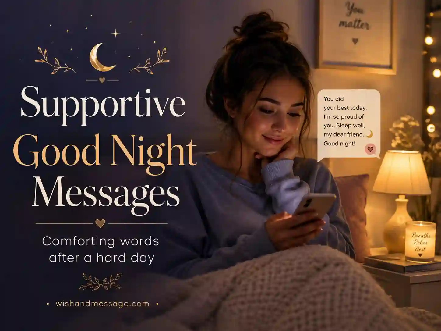 Supportive good night message for best friend after a hard day with calming nighttime scene