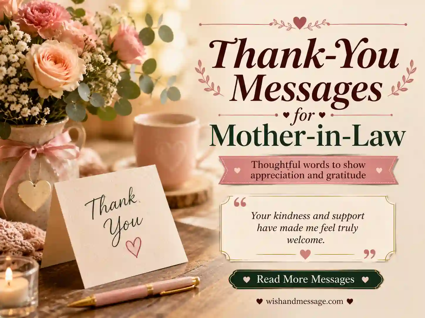 Elegant appreciation image for mother-in-law with thank-you note, flowers, and thoughtful warm styling