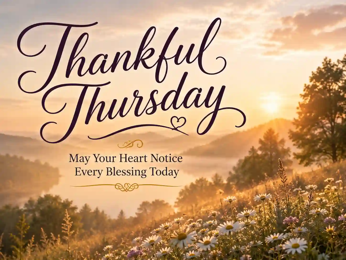 Peaceful sunrise and flowers with a Thankful Thursday morning blessing about noticing everyday blessings.