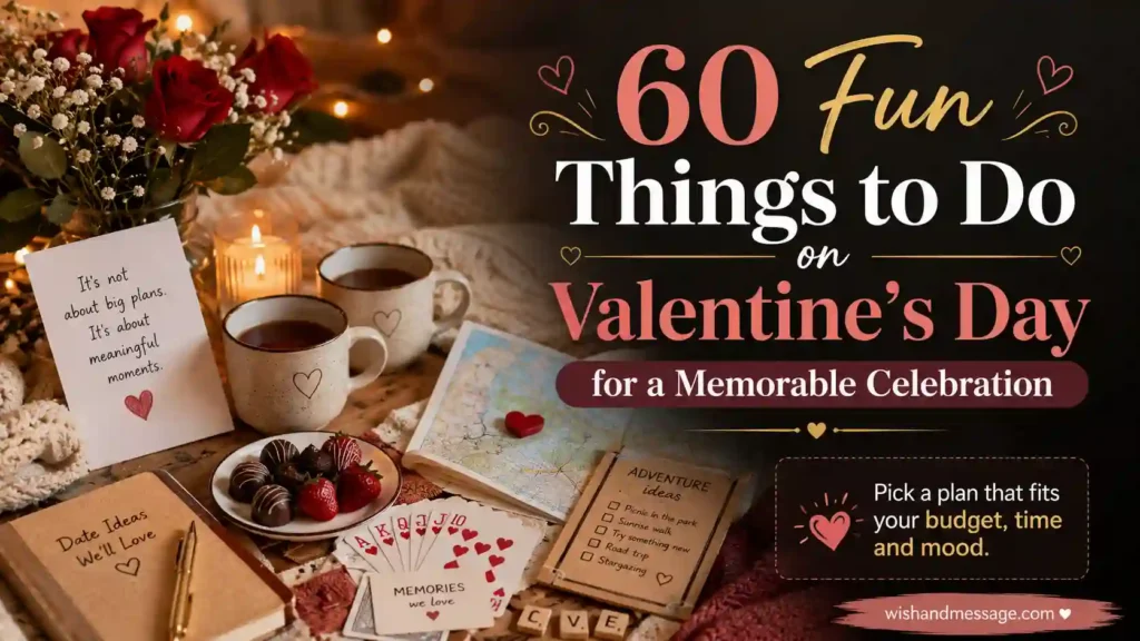 Valentine’s Day activity setup with a handwritten card, flowers, snacks, games, and cozy date ideas