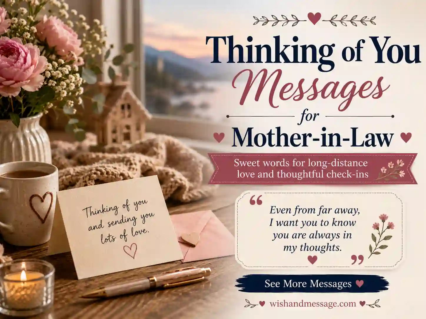 Thoughtful long-distance message image for mother-in-law with note card and soft emotional styling