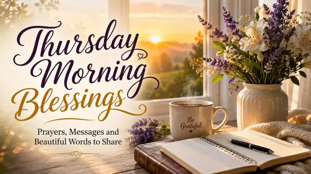 Warm Thursday morning scene with flowers, coffee, journal, and Thursday morning blessings message.