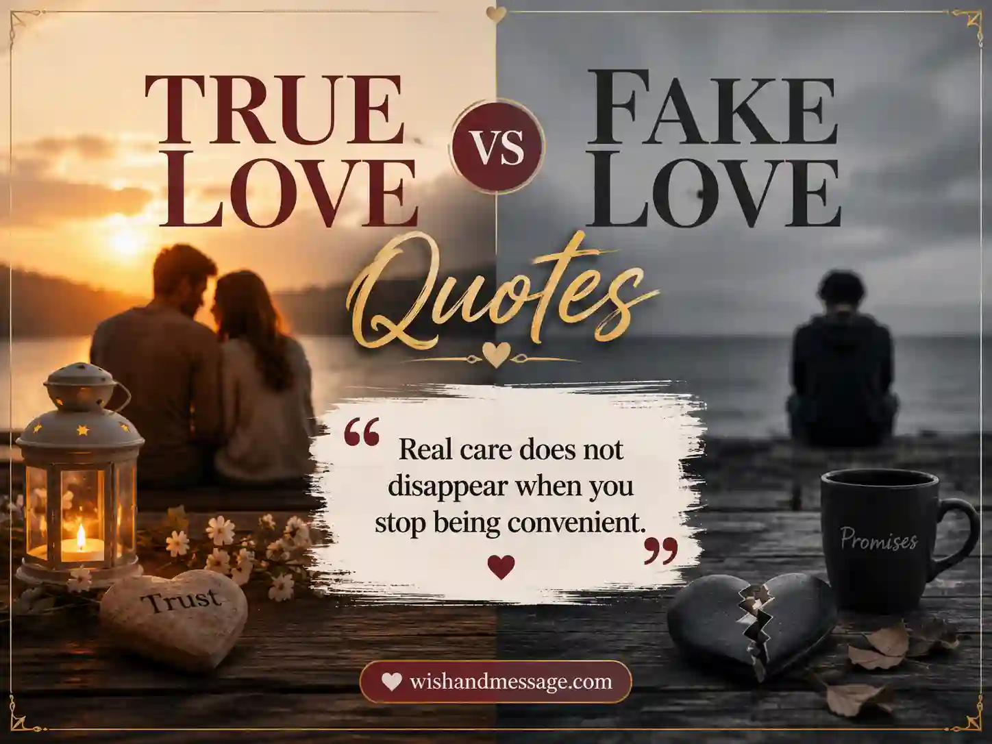 Comparison image showing true love versus fake love with elegant overlay text