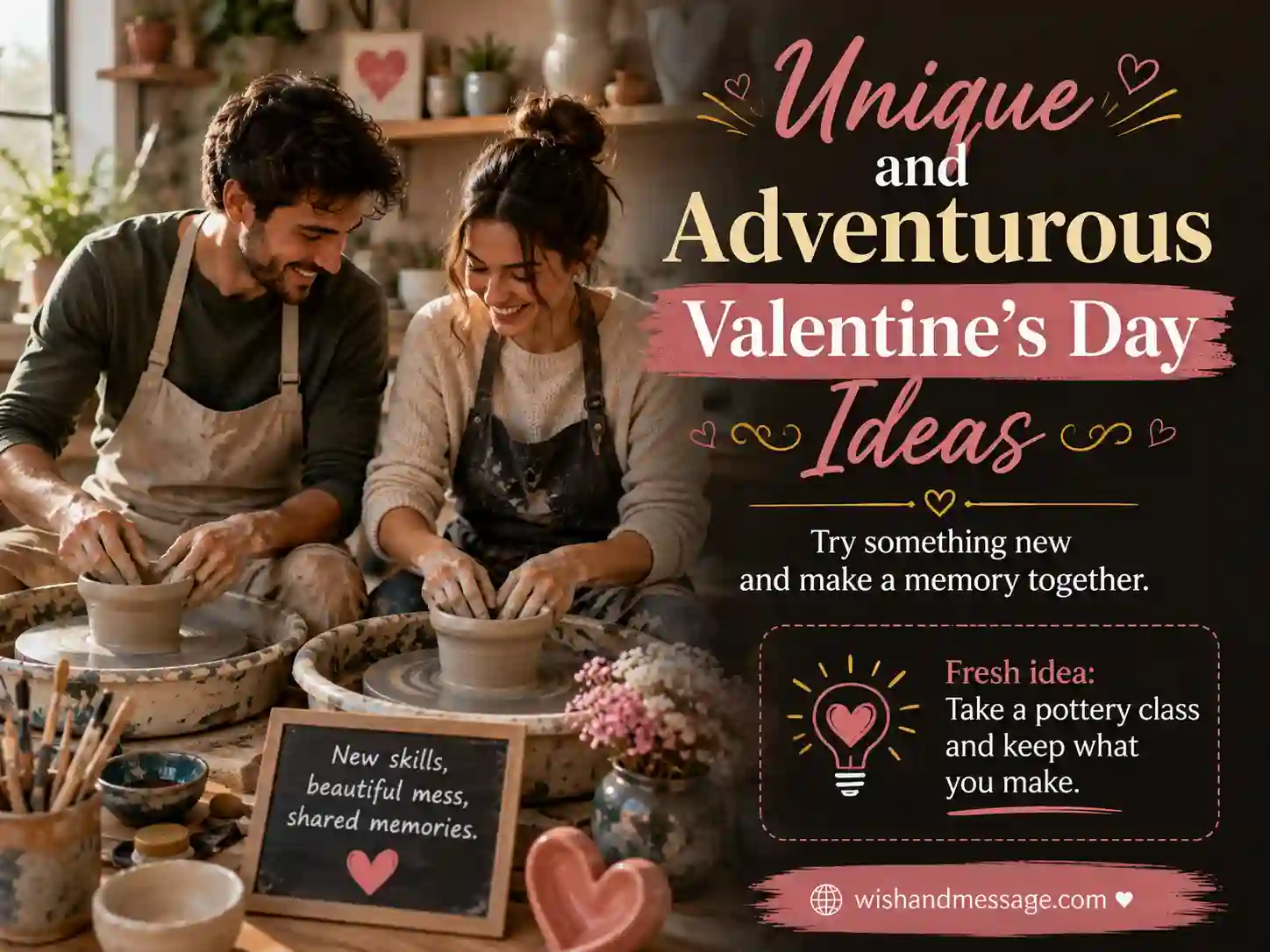 Couple creating pottery together during a unique Valentine’s Day date activity