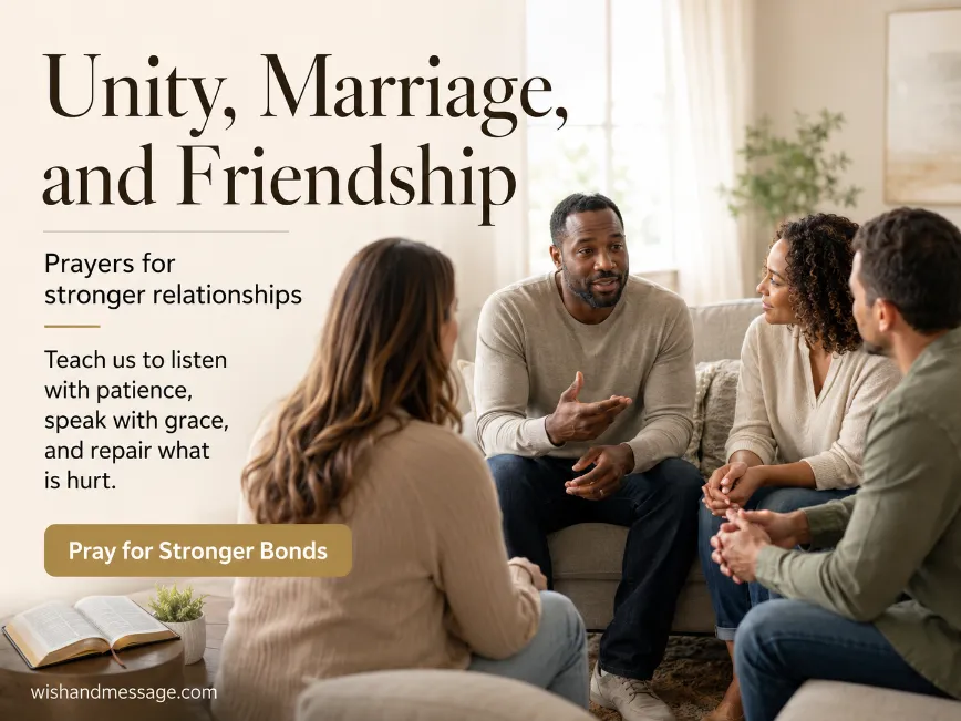 Family members and friends having a calm, supportive conversation in a bright living room.