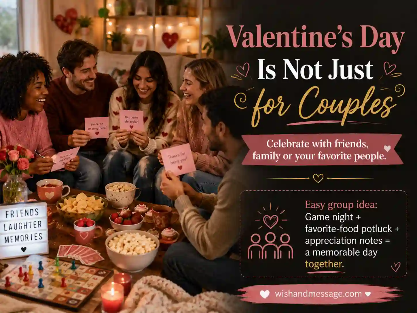 Friends enjoying a casual Valentine’s Day celebration with games, snacks, and appreciation notes