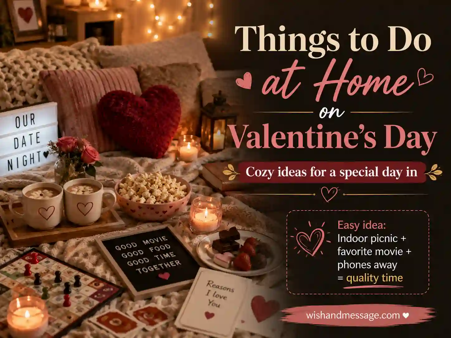 Cozy at-home Valentine’s Day setup with a board game, snacks, blanket, and candles