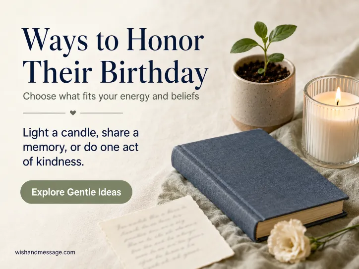Memory album, safe candle, handwritten note, flower, and seedling for honoring a loved one’s birthday
