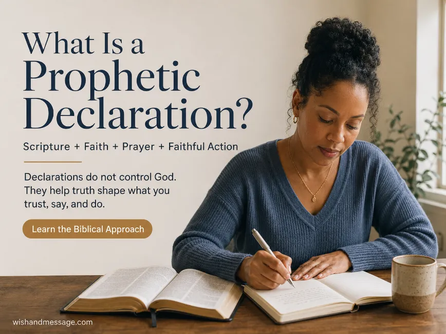 Woman writing in a prayer journal beside an open Bible with an explanation of prophetic declarations.