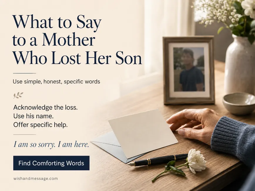Blank sympathy card, pen, white flower, writing hand, and softly blurred photograph of a son