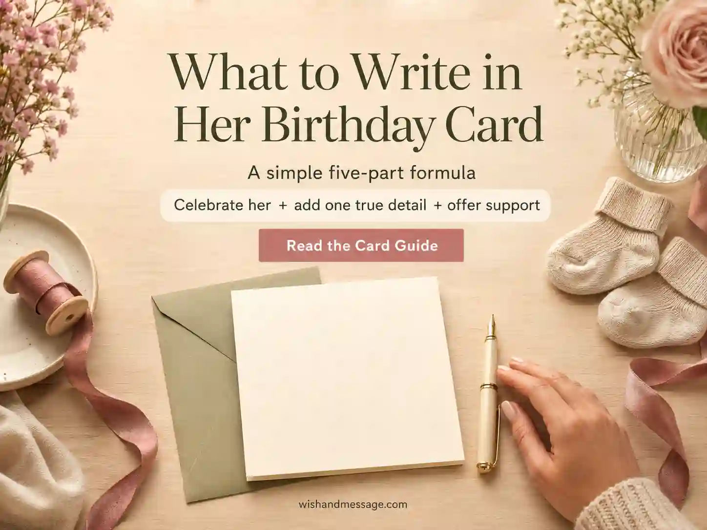 Blank birthday card, pen, flowers, and baby socks arranged on a writing desk