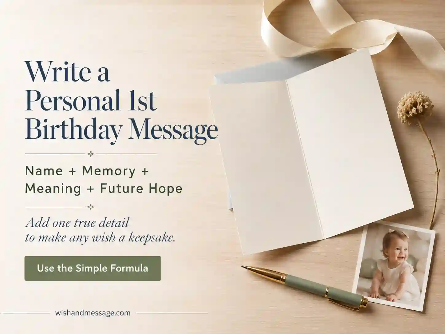First birthday card-writing desk with pen, baby photo, gift ribbon, and a four-part message formula.